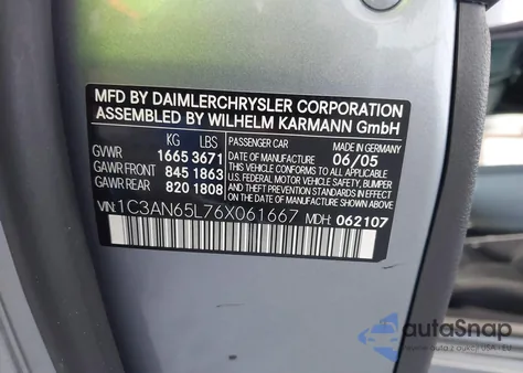 2006 Chrysler Crossfire Limited из США, поврежденный, VIN 1C3AN65L76X061667